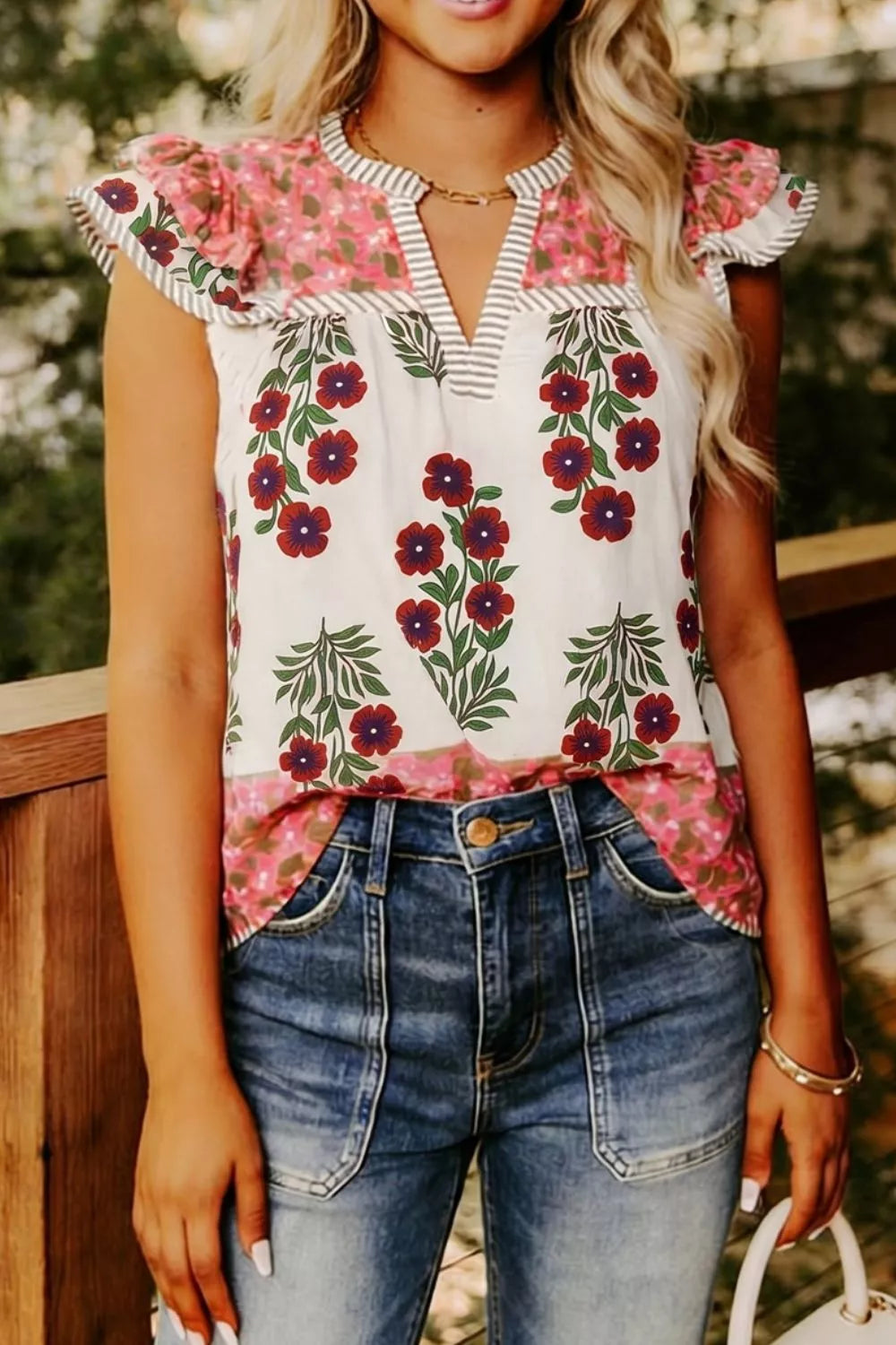 Flutter cotton blouse with floral print — sustainable luxury women's clothing, 100% cotton, designer sustainable fashion, organic fashion brands, plastic-free natural fiber top