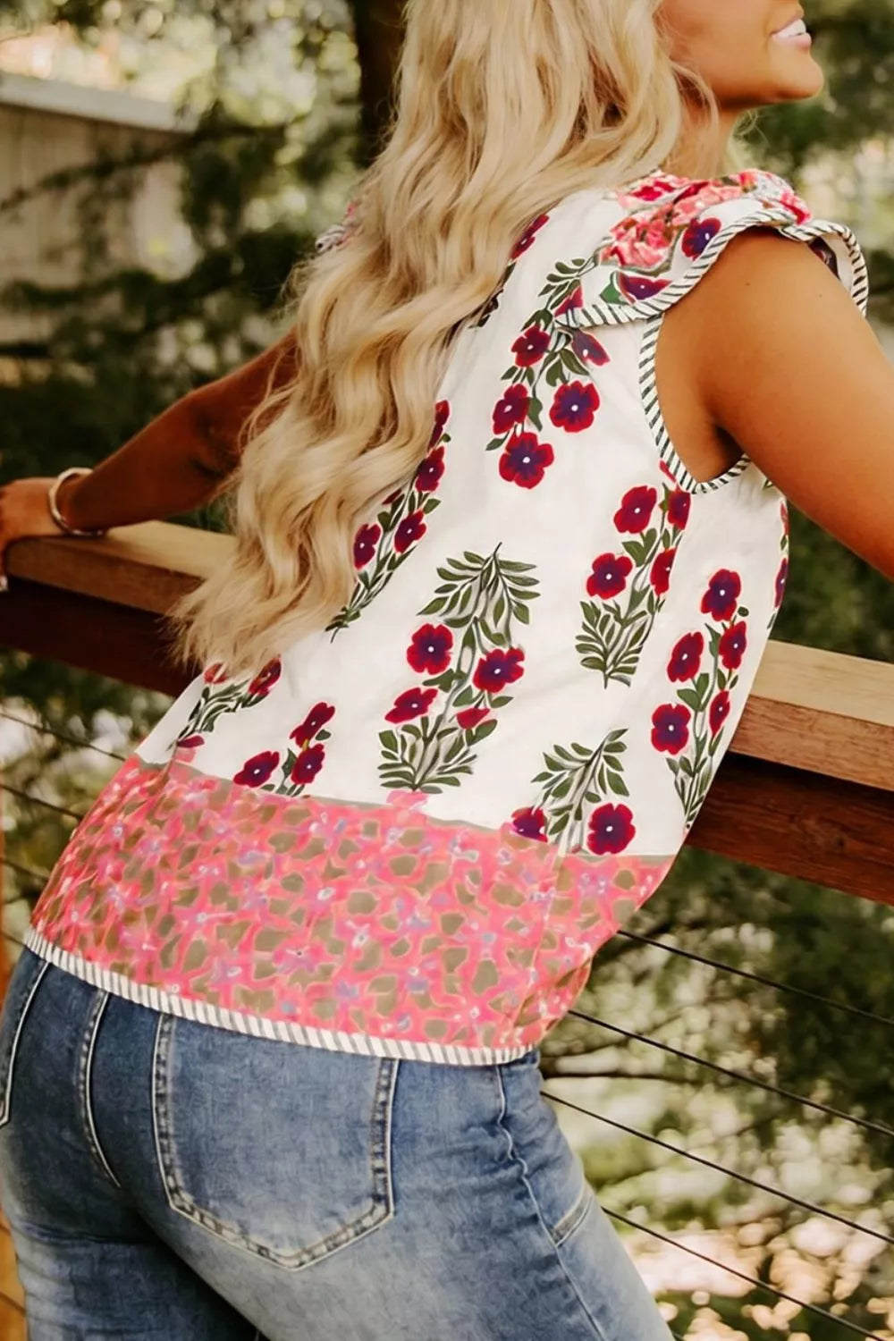 Flutter cotton blouse with floral print — sustainable luxury women's clothing, 100% cotton, designer sustainable fashion, organic fashion brands, plastic-free natural fiber top